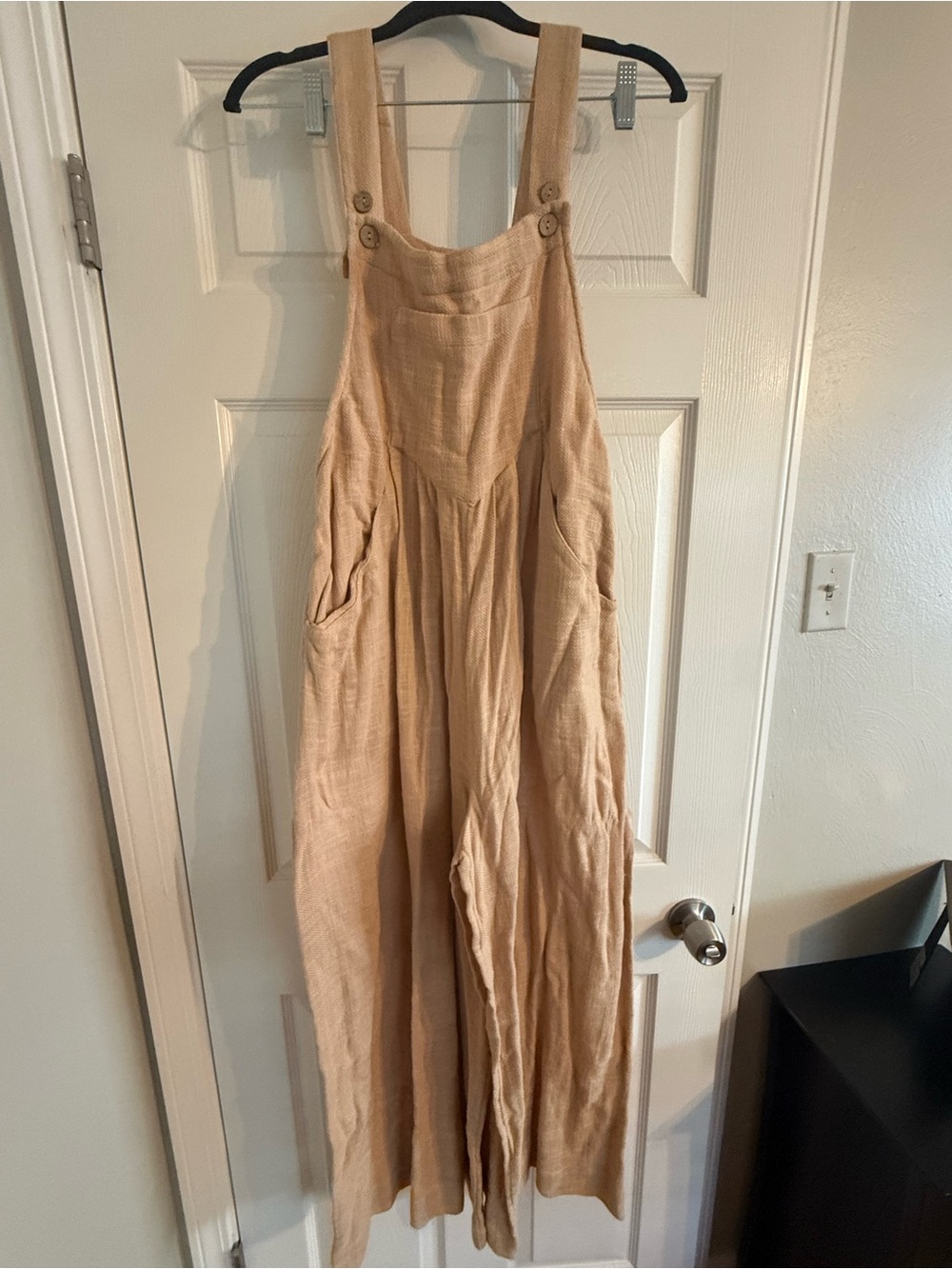 Free People Tan Linen Overalls with Wide Legs